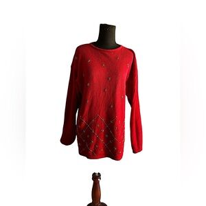 CEZAME SWEATER WOMEN VINTAGE RED EMBELLISHED BEADED HOLIDAY SZ MEDIUM